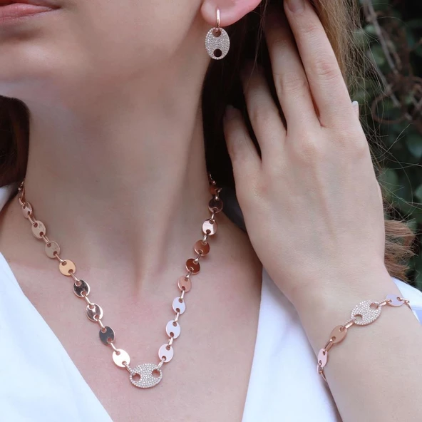 Düğme Modeli Zirkon Taşlı Rose Gold Kaplama Gümüş Set ürün görseli