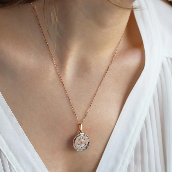 Apm Monaco Model Deniz Çapası Renkli Zirkon Taşlı Rose Gold Kaplama Gümüş Set - Resim 4