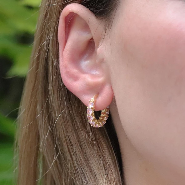 Pembe Zirkon Taşlı Gold Kaplama Halka Gümüş Küpe - Resim 3