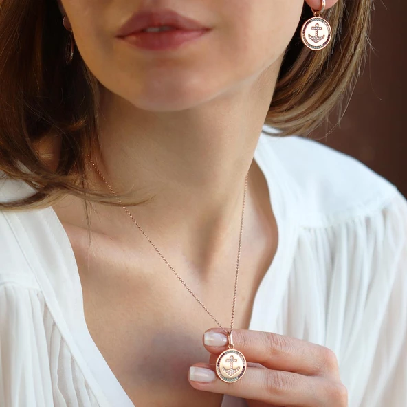 Apm Monaco Model Deniz Çapası Renkli Zirkon Taşlı Rose Gold Kaplama Gümüş Set - Resim 5