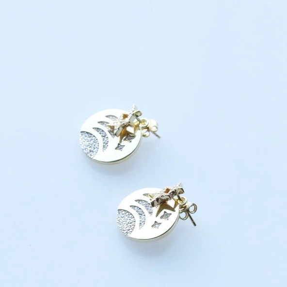 Kutup Yıldızı Zirkon Taşlı Gold Kaplama Gümüş Küpe - Resim 3