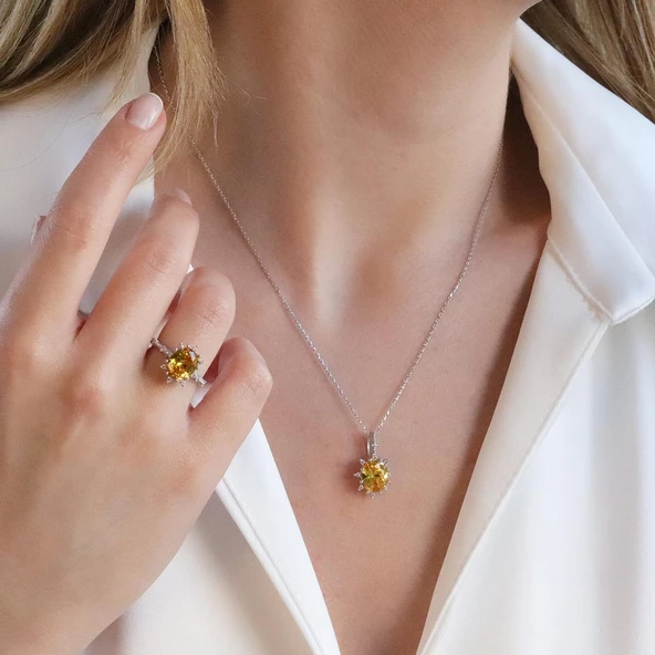 Sitrin Taşlı Elips Lotus Çiçeği Gümüş Set - Resim 2