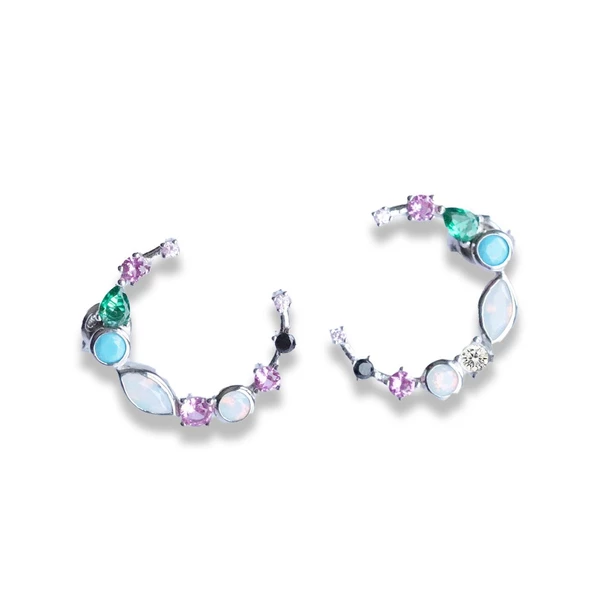 Renkli Taşlı Ay Gümüş Küpe - Resim 4