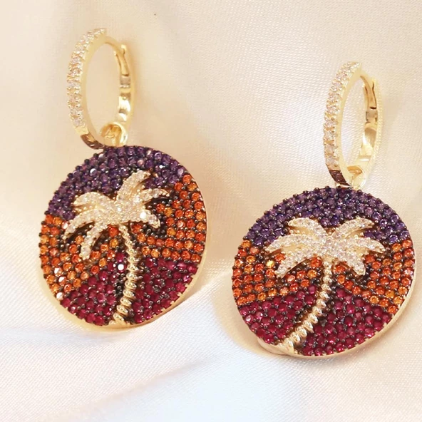 Renkli Zirkon Taşlı Palmiye Gold Kaplama Gümüş Küpe - Resim 2