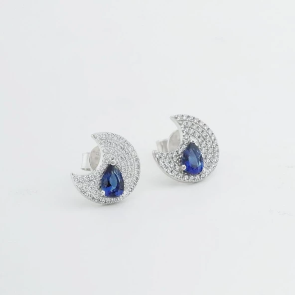 Apm Modeli Safir Taşlı Moon Gümüş Küpe - Resim 3