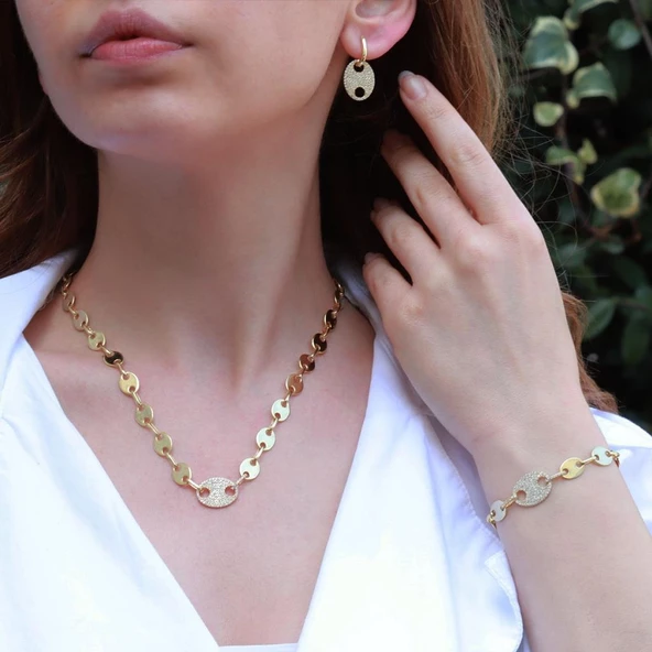 Düğme Modeli Zirkon Taşlı Gold Kaplama Gümüş Set