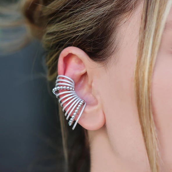 Ear Cuff Zirkon Taşlı Rodyum Kaplama Gümüş Küpe ürün görseli 1