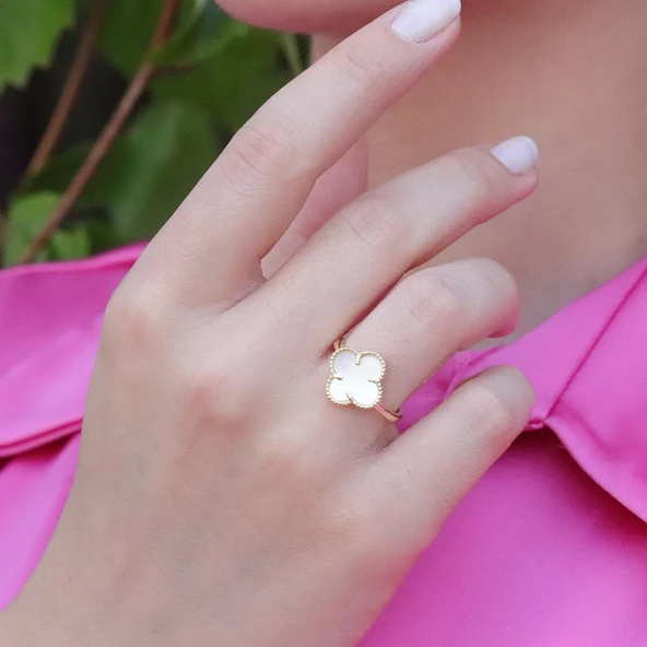 İkonik Alhambra Sedef Taşlı Gold Kaplama Gümüş Yüzük - Resim 3