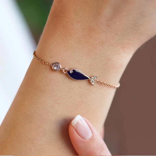 Mine İşli Lacivert Balık Model Zirkon Taşlı Rose Gold Kaplama Gümüş Set - Resim 3