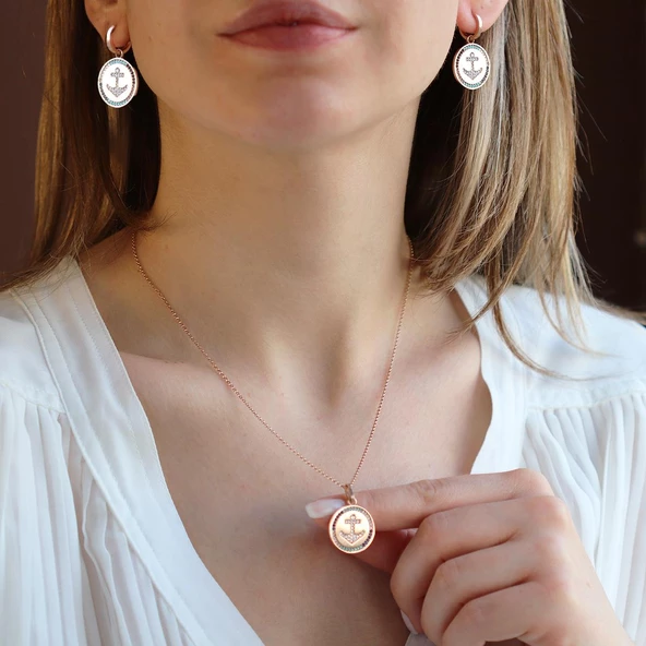 Apm Monaco Model Deniz Çapası Renkli Zirkon Taşlı Rose Gold Kaplama Gümüş Set ürün görseli