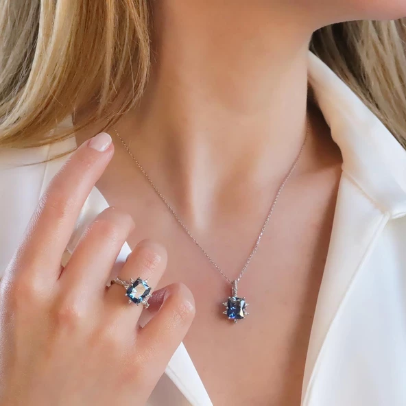 Tanzanit Taşlı Kare Lotus Çiçeği Gümüş Set - Resim 3