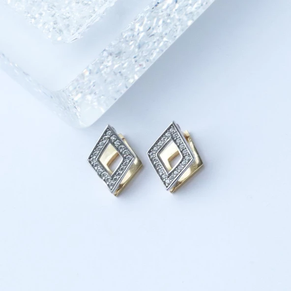 Karo Çift Taraflı Renkli Mine İşli Gümüş Küpe - Resim 3