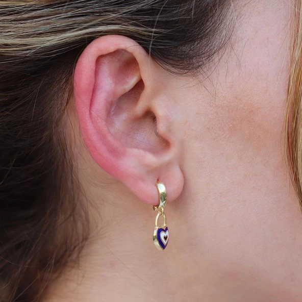 Kalp Modeli Mine İşli Gold Kaplama Gümüş Küpe - Resim 2