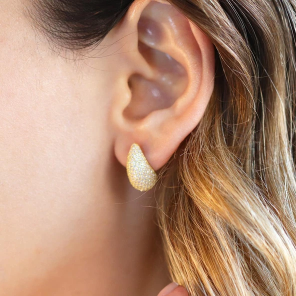 Bottega Mini Damla Taşlı Gold Kaplama Gümüş Küpe - Resim 4