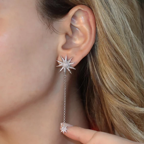 Kutup Yıldızı Zirkon Taşlı Sallantılı Gümüş Küpe - Resim 3