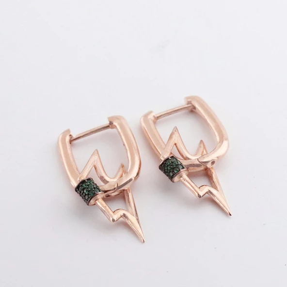 Yeşil Zirkon Taşlı Rose Gold Kaplama Şimşek Gümüş Küpe - Resim 2