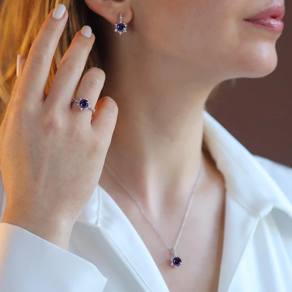 Lotus Çiçeği Ametist Taşlı Gümüş Set ürün görseli 1