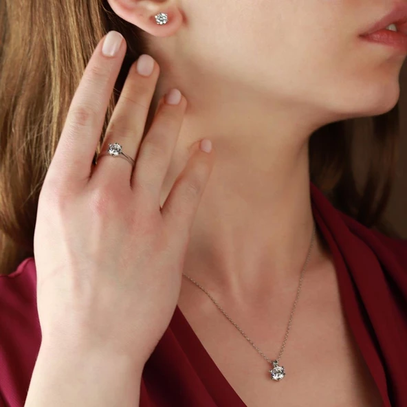 6 Tırnaklı Round Kesim Tek Taş Starlight Diamond Takım - Resim 2