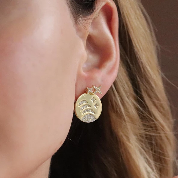 Kutup Yıldızı Zirkon Taşlı Gold Kaplama Gümüş Küpe ürün görseli 1