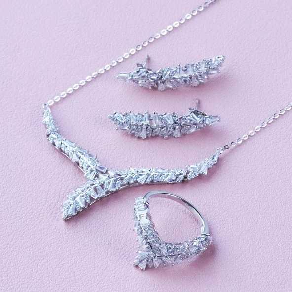 Krizet Yapraklı Zirkon Taşlı Gümüş Set - 3