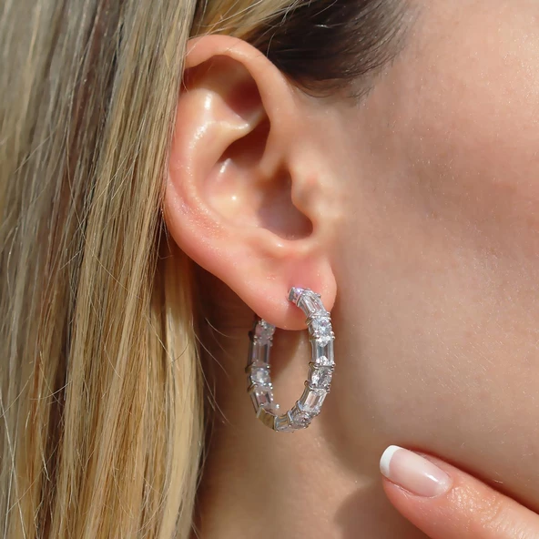 Emerald Taşlı Halka Gümüş Küpe - Resim 3