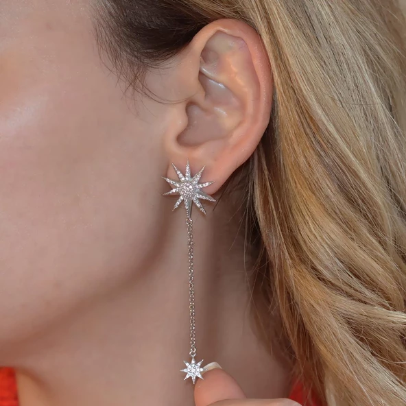 Kutup Yıldızı Zirkon Taşlı Sallantılı Gümüş Küpe - Resim 2