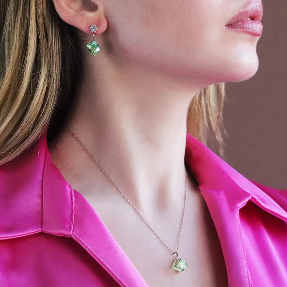 Yeşil Swarovski Taşlı Rose Gold Kaplama Küp Gümüş Set ürün görseli