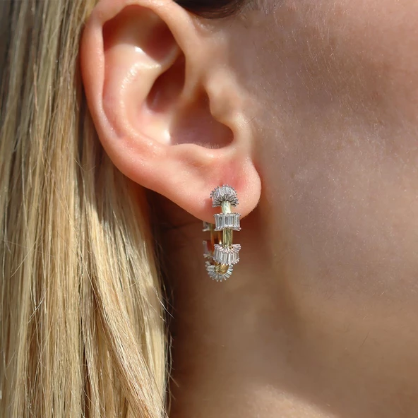 Mediate Stone Gold Kaplama Gümüş Halka Küpe - Resim 3