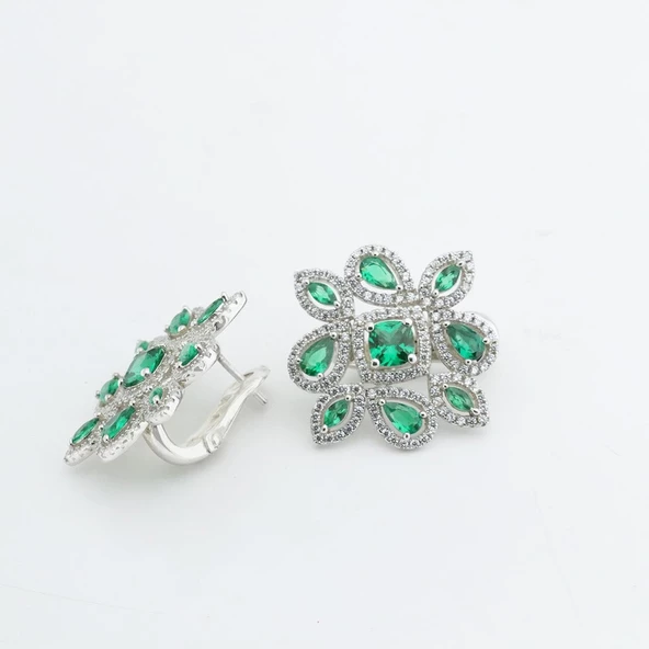 Kök Zümrüt Taşlı Damla Montür Gümüş Küpe - Resim 3