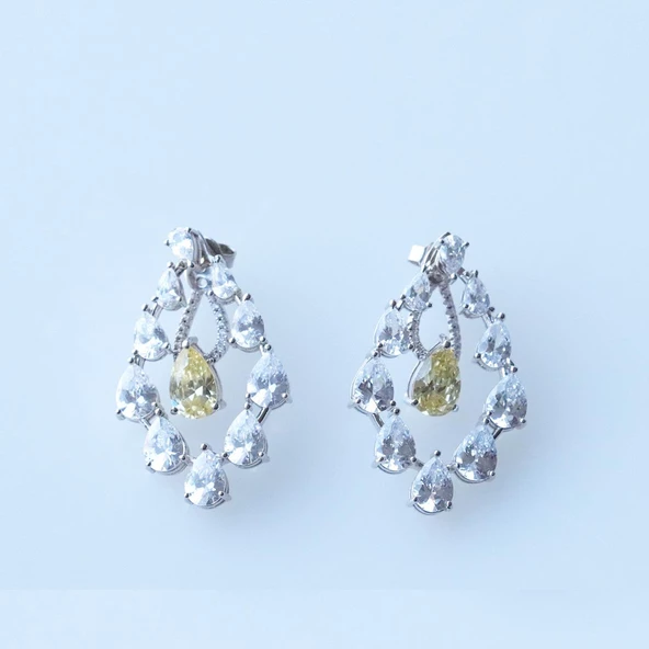 Sarı Zirkon Taşlı Damla Işıltılı Gümüş Küpe - Resim 3