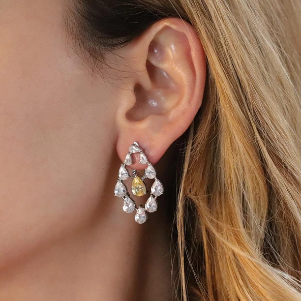 Sarı Zirkon Taşlı Damla Işıltılı Gümüş Küpe - Resim 2