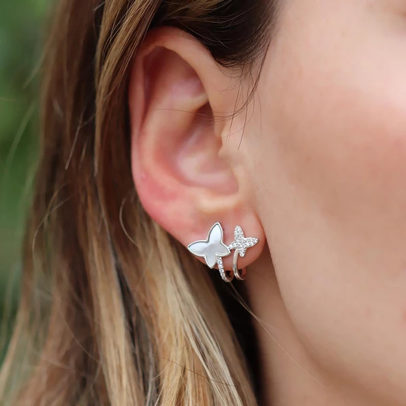 Sedefli Kelebek Gümüş Küpe - Resim 3