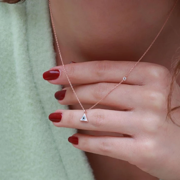 Üçgen Figürlü Zirkon Taşlı Mine İşli Rose Gold Kaplama Gümüş Set - Resim 4