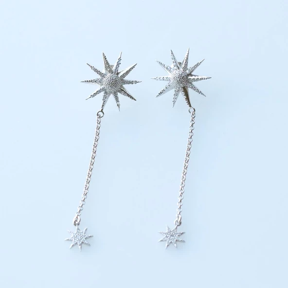 Kutup Yıldızı Zirkon Taşlı Sallantılı Gümüş Küpe - Resim 4