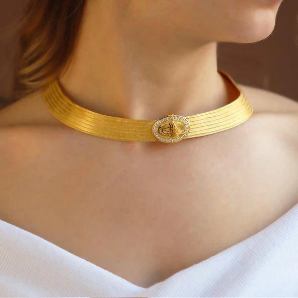 925 Ayar Gümüş Üzeri Gold Kaplama Osmanlı Tuğralı 7 Sıra Gümüş Trabzon Gerdanlık - Resim 2