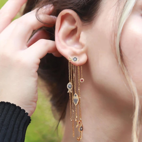 Deniz Atı ve Balık  Apm Modeli Gold Kaplama Zirkon Taşlı Zincir Gümüş Küpe ürün görseli 1