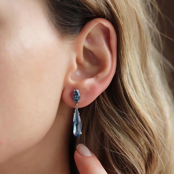 Mavi Swarovski Taşlı Su Damlası Gümüş Küpe ürün görseli 1