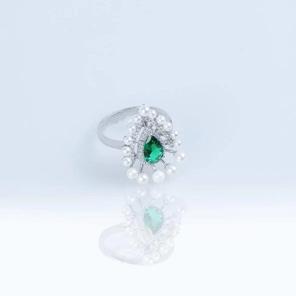 Kök Zümrüt Taşlı Damla Modeli İnci Gümüş Yüzük - Resim 4