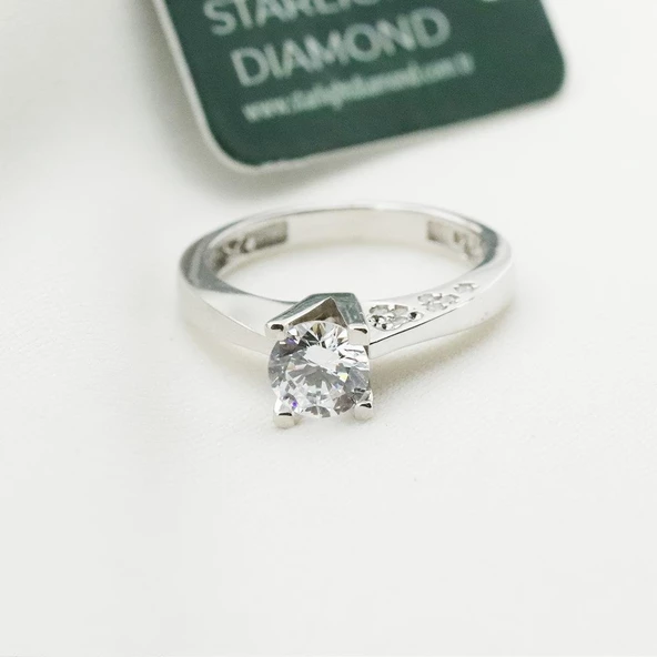 Starlight Diamond Yanı Kalp Taşlı Tek Taş Gümüş Yüzük - Resim 3