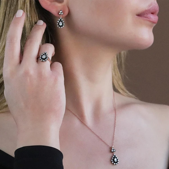 Elmas Montür Zirkon Taşlı Damla Model Rose Gold Kaplama Gümüş Set ürün görseli 1