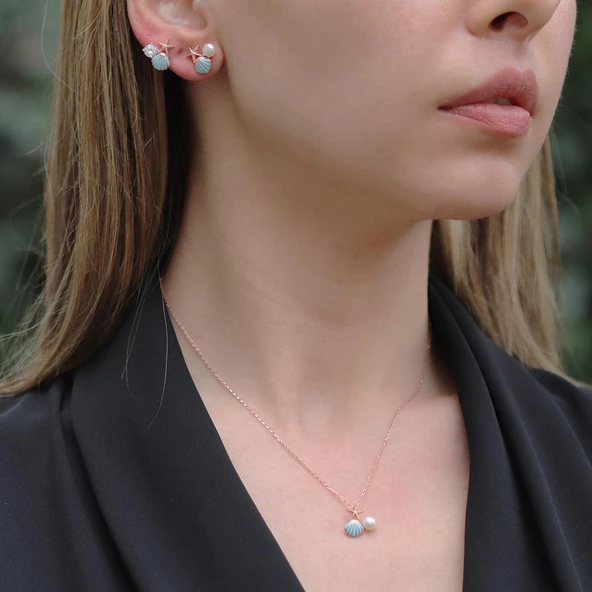 Deniz Yıldızı İnci ve Tek Taş Detaylı Rose Gold Kaplama Gümüş Set ürün görseli 1