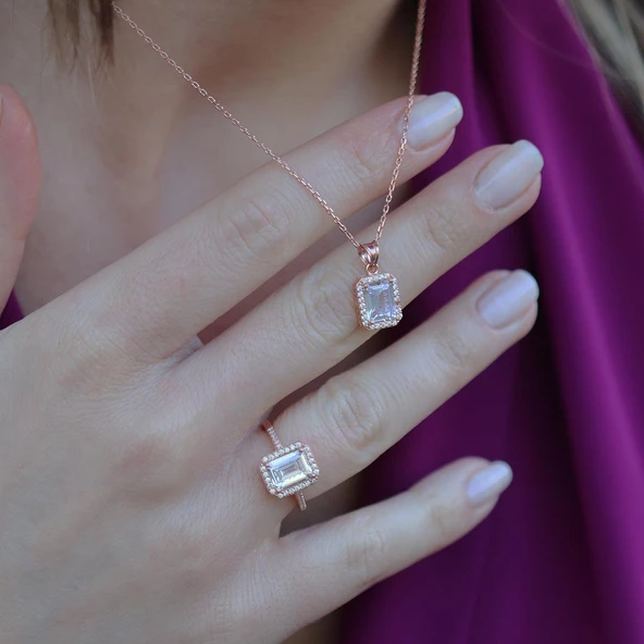 Rose Gold Kaplama Baget Taşlı Gümüş Takım - 2