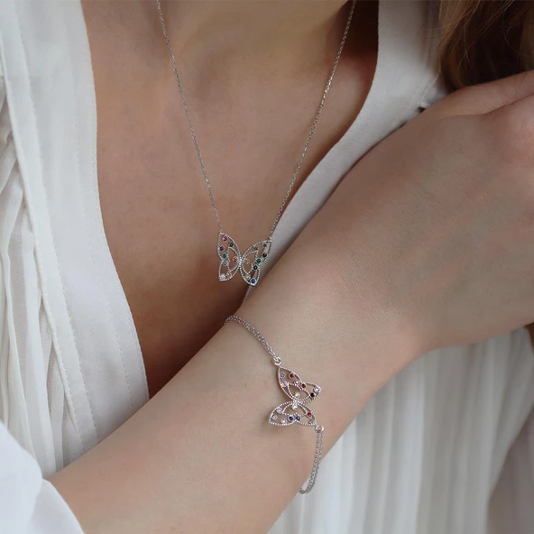 Renkli Zirkon Taşlı Kelebek Figürlü Gümüş Set ürün görseli 1