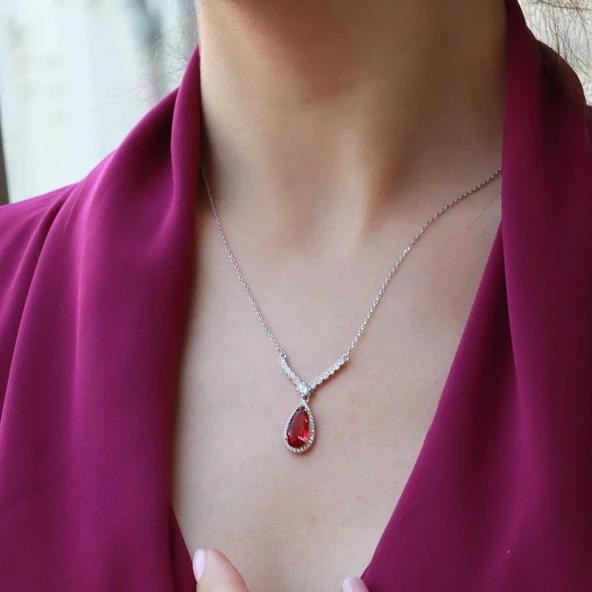 Lal Taşlı Damla Model Gümüş Takım - 3
