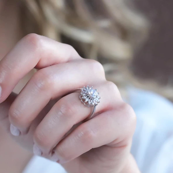 Starlight Diamond Çiçek Gümüş Yüzük - Resim 5