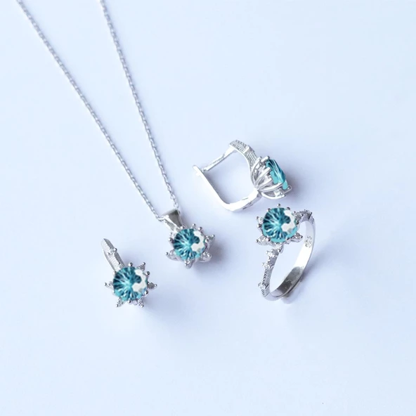 Lotus Çiçeği Aquamarin Taşlı Gümüş Set - Resim 4