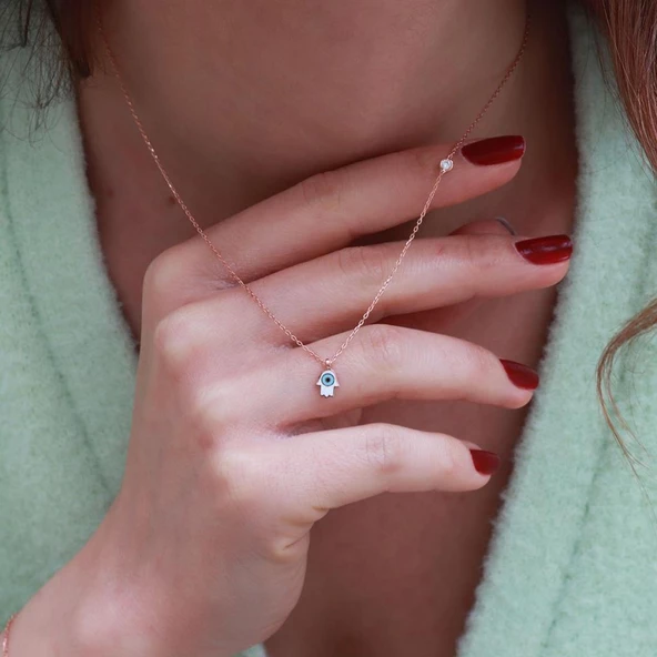 Fatma Ana El Figürlü Zirkon Taşlı Mine İşli Rose Gold Kaplama Gümüş Set - Resim 2