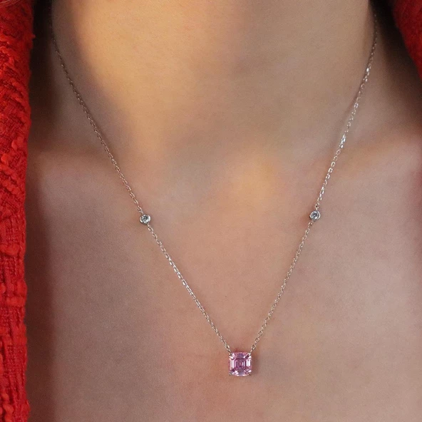 Pembe Zirkon Taşlı Prenses Kesim Gümüş Set - Resim 3