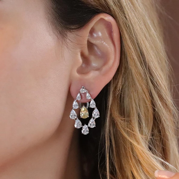 Sarı Zirkon Taşlı Damla Işıltılı Gümüş Küpe - Resim 5