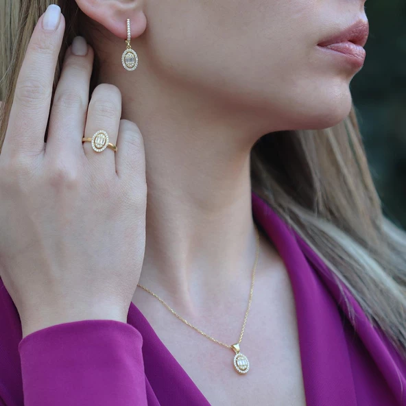 Baget Kesim Oval Montürlü Zirkon Taşlı Gold KaplamaGümüş Set ürün görseli 1
